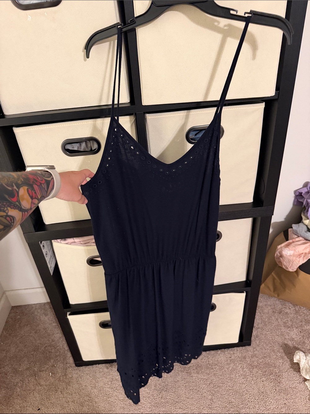 Loft Navy Eyelet Detail Spaghetti Strap Dress